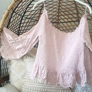 EXPRESS, Dusty Pink Smocked eyelet off the shou…